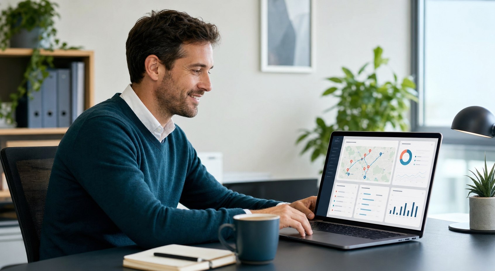 Responsable comercial ficticio revisando indicadores en Rutario